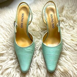 Vintage leather aqua printed croc sling back heels women’s size 7